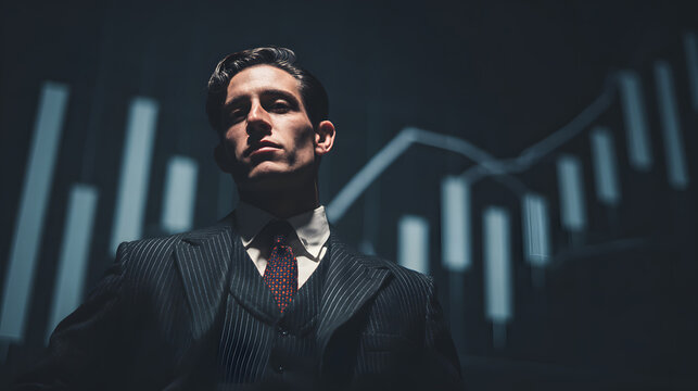 Confident male financial professional standing in front of a digital stock market chart