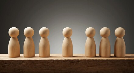 Wooden figurines in a row on a wooden surface, suggesting a theme of conformity or individuality.