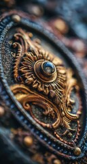 Ornate, detailed, circular design in warm tones. Close-up view of a decorative element with intricate golden carvings, featuring a central, gem-studded eye