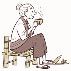 Elderly woman in traditional japanese clothing enjoying a warm cup of tea while sitting on a bamboo bench