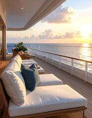 Luxurious outdoor lounge area on a cruise ship deck at sunrise, featuring plush white cushioned seating and teal accent pillows, with a breathtaking ocean vista.