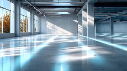 Fototapeta premium Empty Concrete Industrial Interior with Sunlight Streaming Through Windows Hall