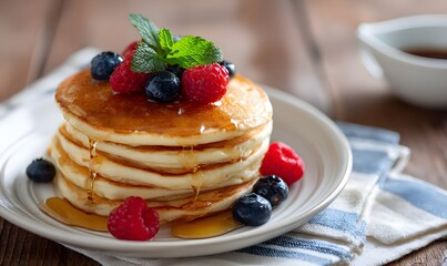 Classic Buttermilk Protein Pancakes, golden brown, topped with maple syrup and fresh berries, on rustic breakfast table