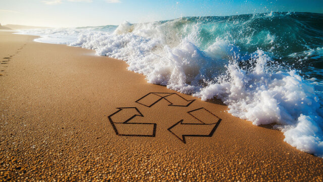 Recycling symbol drawn on sandy beach near ocean waves showing 3r prinzip to replace waste and protect environment naturally
