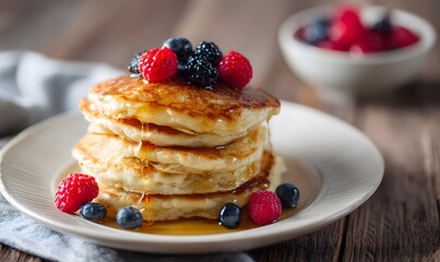 Classic Buttermilk Protein Pancakes, golden brown, topped with maple syrup and fresh berries, on rustic breakfast table