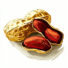Two peanuts in their shell, one split open, displaying the nut within.  Golden-yellow husks and reddish-brown nuts.  Simple, illustrative style