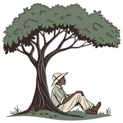 Man wearing a safari hat sits peacefully under a large tree on a grassy hill © md razab 1122