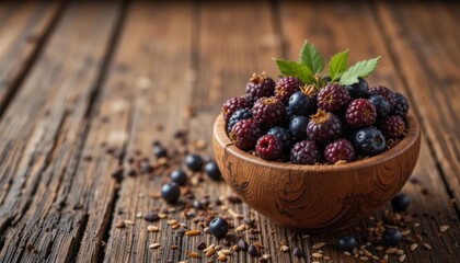 Acai Crafts  Fresh Berries, Hand Turned Bowl, Warm Lighting, Displaying the Artistic Integration of Nature and Craft