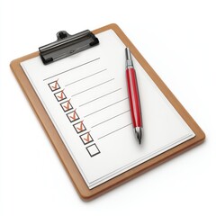 A clipboard with a checklist and a pen.  A light brown clipboard holds a sheet of paper with several blank lines for tasks, with checkmarks already made. A red pen rests alongside the checklist