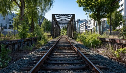 Perspective view of train tracks leading through a city park.  