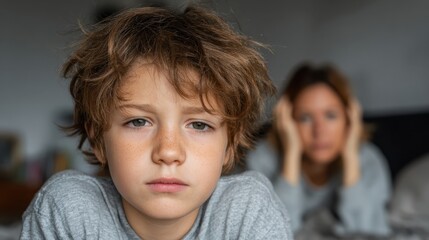 Obraz premium Boy with brown hair looks sadly to the camera, blurred mother behind. Illustrates family problems, anxiety, stress, and mental health issues.