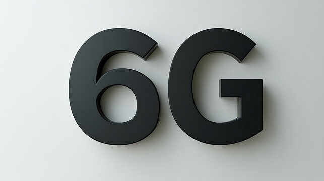 Large black 6G letters white background representing advanced wireless technology modern design minimalistic style sleek font digital communication innovation connectivity high speed internet