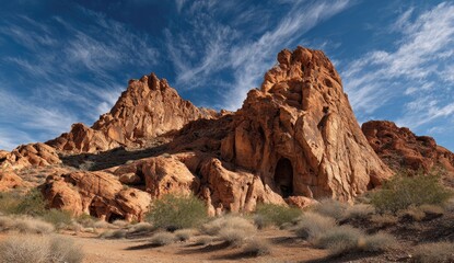 Fototapeta premium Desert landscape with vibrant red rock formations. Vast sky with scattered clouds. Rocky terrain and sparse vegetation