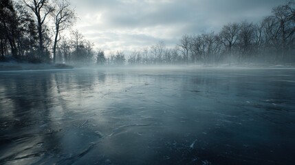 Fototapeta premium Frozen Lake Under a Gloomy Sky: A captivating panoramic view of a serene lake enveloped in a frosty embrace, the icy surface glistening under a cloudy sky, evoking a sense of calm.