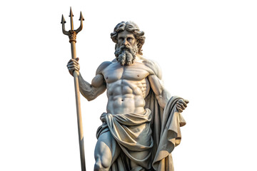 Imposing marble sculpture of a powerful bearded mythological figure holding a majestic trident, symbolizing ancient divine authority, sea power, and classical artistry