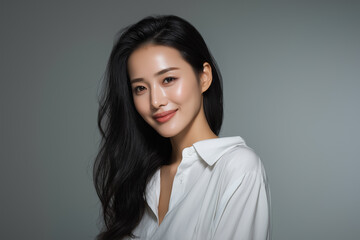 Fototapeta premium A photograph of an elegant, attractive korean woman in her early thirties with black hair and a medium skin tone, wearing a white shirt