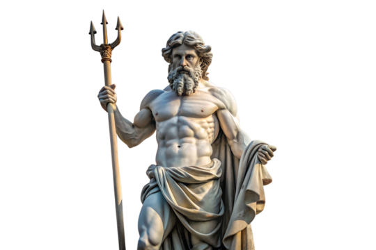 Imposing marble sculpture of a powerful bearded mythological figure holding a majestic trident, symbolizing ancient divine authority, sea power, and classical artistry