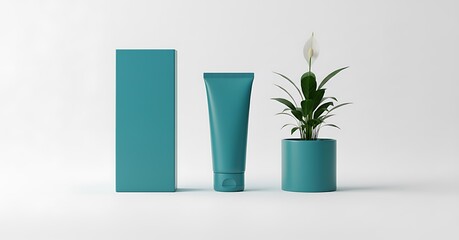 Three teal colored objects including a tall rectangular box a tube and a potted plant