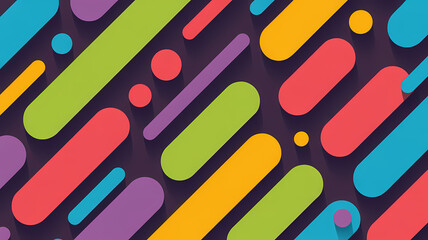 Vibrant geometric forms in red, green, blue, purple, and yellow float against a dark surface