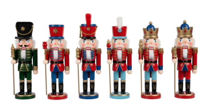 Isolated Decorative Nutcrackers Displayed Festive Soldiers Standing in a Row Holiday Season