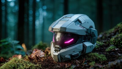 Futuristic helmet rests on forest floor