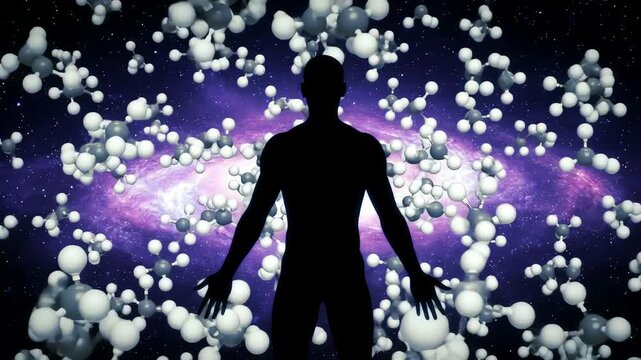 billions of glowing molecules swarm into the shape of a human silhouette, dissolving into a galaxy, symbolizing life built from molecular patterns