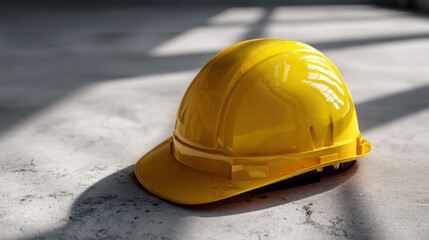 Yellow Hard Hat on Concrete Surface: A single yellow hard hat sits on a concrete surface, casting a shadow and representing the importance of construction and safety.