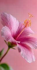 Close-up of a delicate pink hibiscus flower against a soft pink background. 