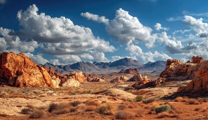 Desert landscape panorama.  Dramatic rock formations, vibrant colors, and a vast expanse under a partly cloudy sky