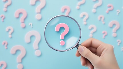 Finding answers concept with pink question marks and magnifying glass for research and problem solving