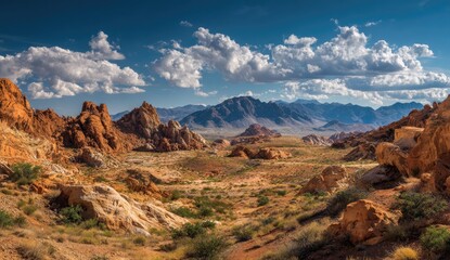Desert landscape with vibrant red rock formations.  Vast valley, distant mountains, partly cloudy sky