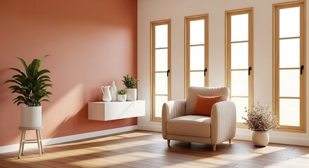 Modern living room with beige walls, wooden doors, and cozy armchair decor