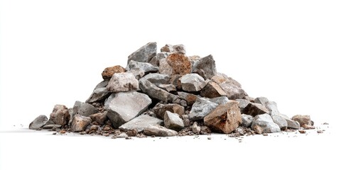 Pile of assorted rocks, various sizes and colors, against a plain white background