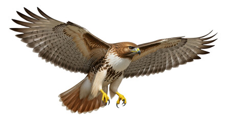 Isolated bird of prey with outstretched wings preparing to land or take off in flight