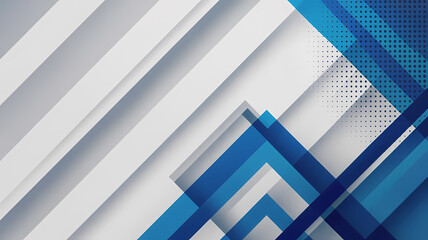 Abstract arrangement shows angled white stripes and overlapping blue shapes with dotted accents