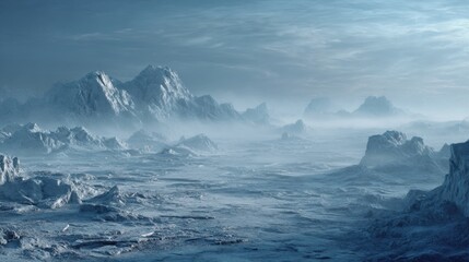 Frozen Vista: A majestic view unfolds, revealing a vast, frosty terrain of imposing mountain and rugged landscape, enveloped in an ethereal mist and the muted palette of a winter's day.