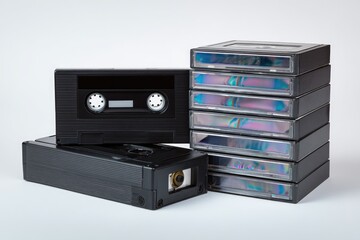 Obraz premium Stacked black VHS tapes and video cassette tapes