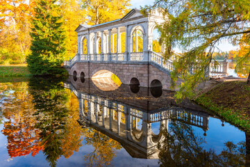 Marble bridge in autumn in Catherine park, Tsarskoe Selo (Pushkin), Saint Petersburg, Russia