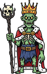cartoon horror monarch, Halloween-themed undead ruler, royal zombie character, spooky vector illustration