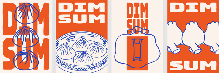 Modern dim sum poster set with bold orange and blue colors.