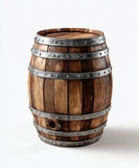 Fototapeta premium A full, wooden barrel, light brown wood with metal bands. Metal hoops encircle the barrel, studded with rivets. A small metal vent is visible on the side. Isolated on a white background