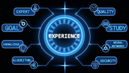 Futuristic digital diagram showcasing EXPERIENCE with central text EXPERIENCE and connected icons
