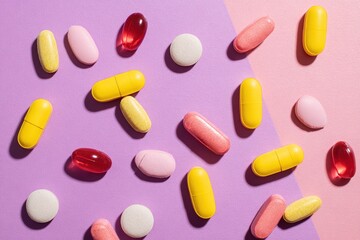 Colorful pills and multivitamins on pastel purple background.

