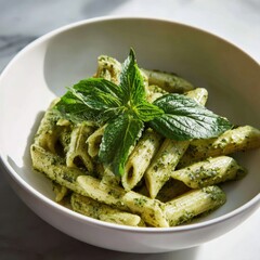 Creamy pesto pasta in a white bowl, topped with fresh basil