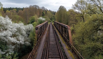 Fototapeta premium Rusty railway bridge spanning a valley. Springtime foliage surrounds