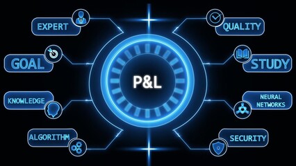 Glowing blue neon diagram illustrating P& L concepts with radiating lines and icons on black background