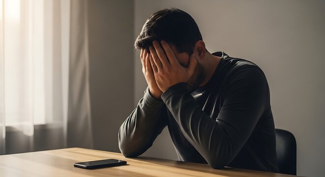 A man sits at a table with his head in his hands, appearing distressed or upset, with a phone on the table.