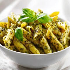 Penne pasta tossed in pesto sauce, garnished with fresh basil, in a white bowl