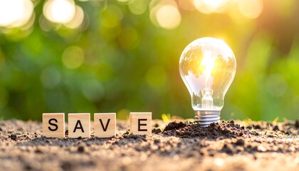 Lightbulb and SAVE words in soil, nature background