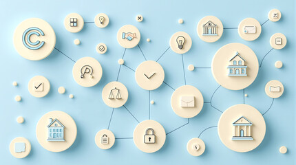 Business network connection concept with icons of finance property and communication in light blue background